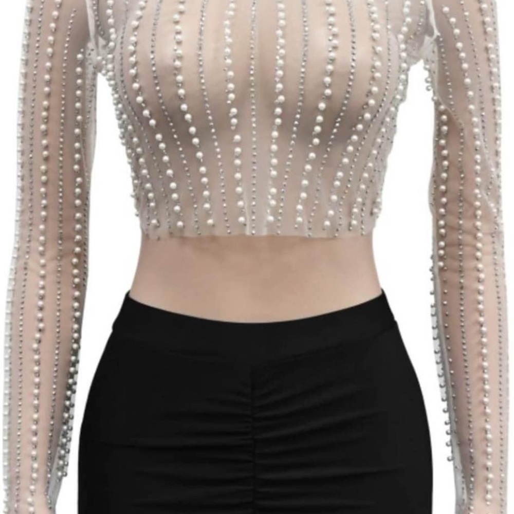 Pearl-Embellished Sheer Crop Top